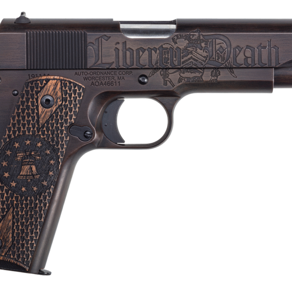 Auto Ordnance Liberty, 1911 45ACP, 5" Barrel,, Black/Brown Custom Cerakote on Engraved Slide and Frame, Engraved Goncalo Wood Grips, Fixed Sights, 7rd, 1 Magazine
