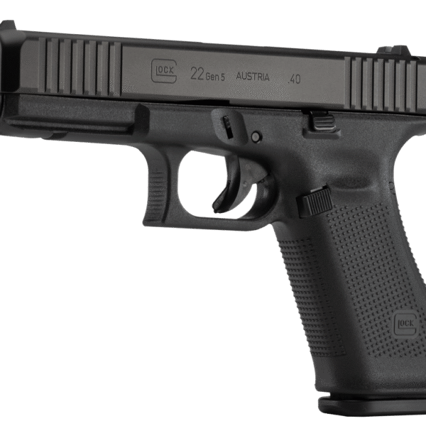 Glock 22 Gen5, Striker Fired 40S&W, 4.49" Marksman Barrel, Polymer Frame, Matte Finish, Fixed Sights, 15Rd, 3 Magazines, Ambidextrous Slide Stop Lever, Flared Mag Well, nDLC Finished Slide and Barrel, No Finger Grooves