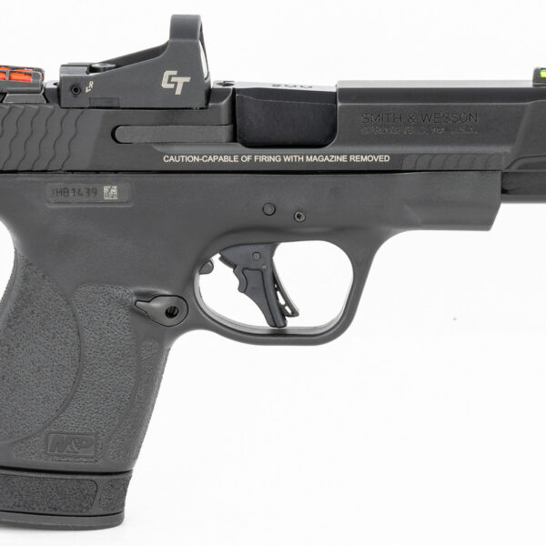 Smith & Wesson, Shield Plus, Performance Center, Includes Crimson Trace Red Dot, Striker Fired, Micro Compact, 9mm, 4" Barrel, Optics Ready, Polymer Frame, Fiber Optic Sights, Flat Face Trigger, 2 Mags, 1-10Rd 1-13Rd, Black