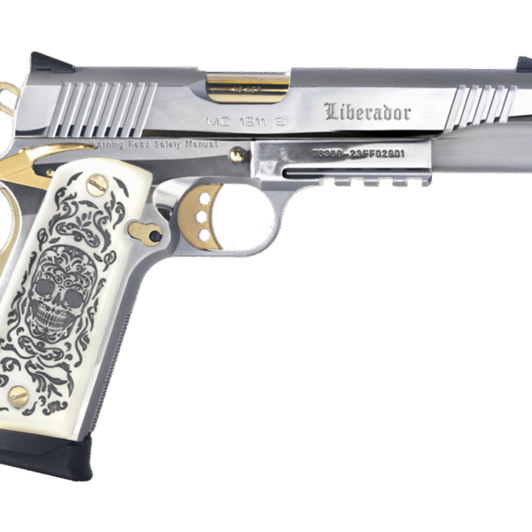 Girsan MC1911S Liberador II 9mm, 5" Barrel, Silver, Gold Accents, Engraved White Ivory Grips, 10rd