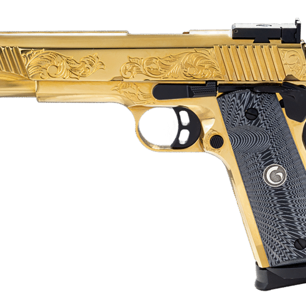 Girsan MC1911 Gold 38 Super, 5" Barrel, PVD, Gold Engraved Slide-Frame, Engraved Pearl Grips, Leather Travel Case, 9rd