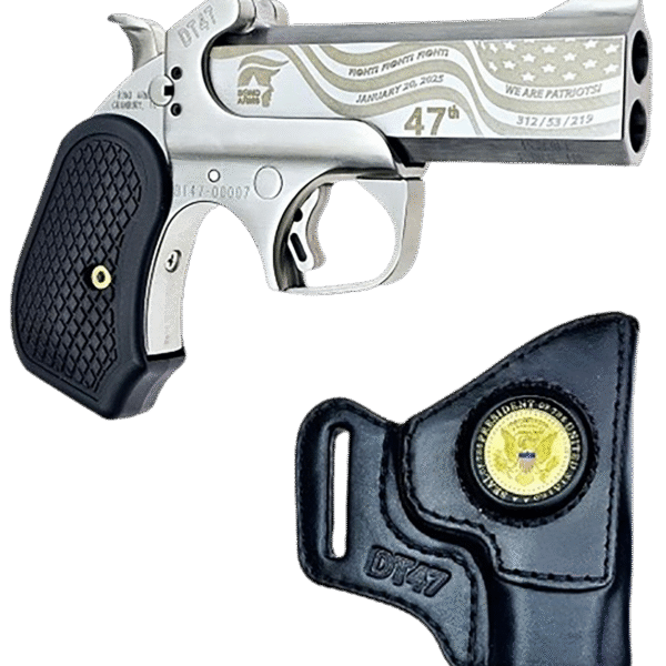 Bond Arms DT47 Satin Package, 45LC/410 GA, 3" Chamber, 4.25" Barrel, Guard, Satin Silver, Ext Grips, Fixed Sights, 2rd, Holster