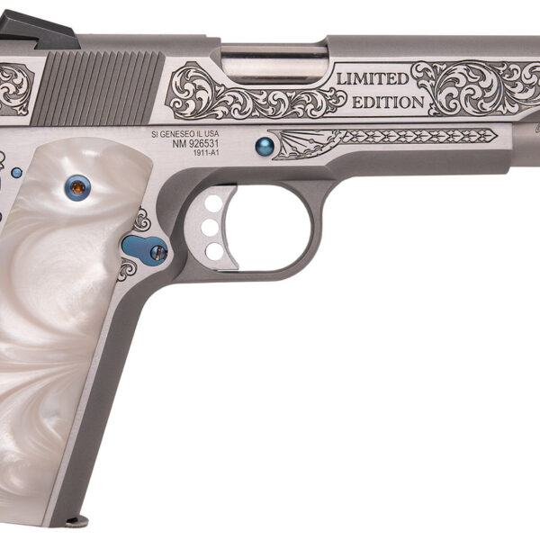 CNC 1911 Springfield 45 ACP, 5" Barrel, Engraved Scrollwork Stainless Steel, Nitre Blue Controls, Stag Grip, 7rd