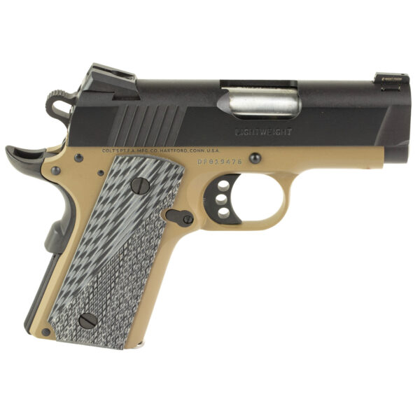 Colt Defender 1911 45 ACP, 3" Barrel, Flat Dark Earth Frame, Black Slide, G10 Grip, 7rd